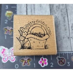 Dots Happy Easter Day Basket Eggs Flowers 1990 Rubber Stamp Wood #O2